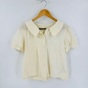 Nice Park Peter Pan Collar Blouse Cream Short Puff Sleeve Button Up Top Small